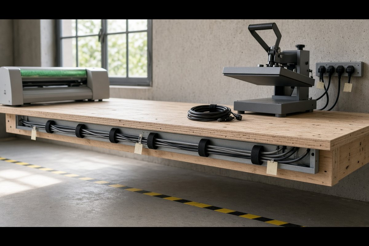 Power cables strapped into a steel tray under a plywood workbench with a clear floor below